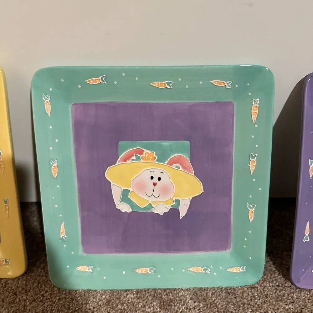 Sonoma Set Of 3 Ceramic Easter Plates, Approx 8in Square
